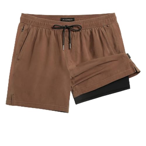 maamgic Men's Swim Trunks with Compression Liner 5.5 inch Beach Shorts Quick Dry Bathing Suits with Zipper Pocket Brown XX-Large