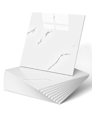 WADILE 10pcs Peel and Stick Shower Waterproof Marble Tiles Wall Panels, 11.8"x11.8" Self-Adhesive Backsplash, for Home Bathroom, Kitchen, Living Room White (Not Real Tile)