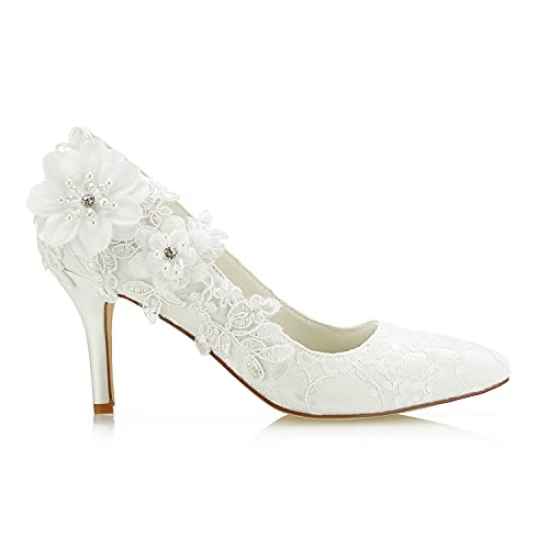 JIAJIA 1622 Women's Bridal Shoes Closed Toe 3.14" Stiletto Heel Lace Satin Pumps Satin Flower Imitation Pearl Wedding Shoes3