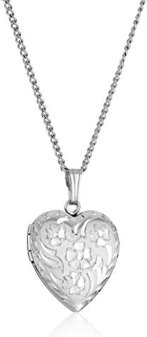 Amazon Collection Sterling Silver Engraved Flowers Heart Locket Necklace, 18"