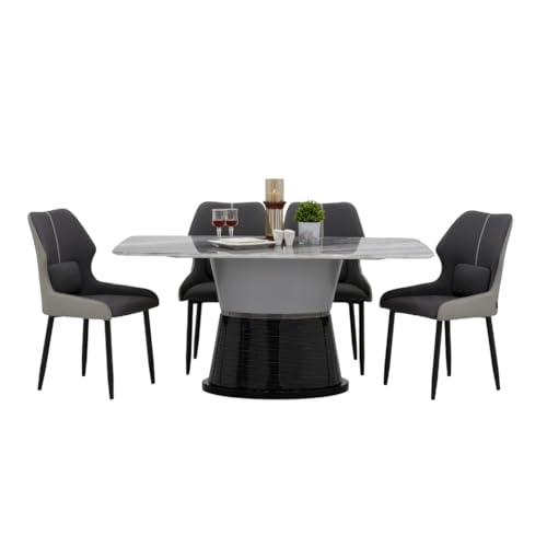 Image of Royaloak Lucca Italian Marble Dining Table | 5D Printed Natural Stone Top | Rounded Corners & Curved Edges | Hourglass Base with Leatherette Detail | 6 Seater Dining Table | Italian Collection