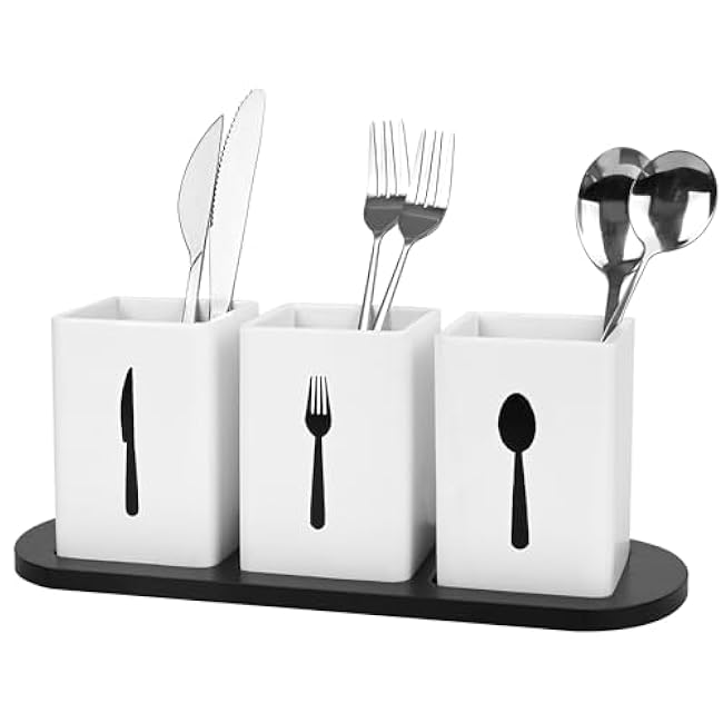 GEHE 3Pcs Silverware Caddy Utensil Holder for Countertop, Utensil Caddy for Parties, Flatware Organizers with Tray, Silverware Caddy Organizer Holder for Forks, Spoons, Knives, White