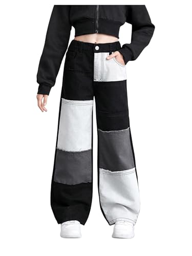 WDIRARA Girl's Color Block Wide Leg Jeans Raw Trim Baggy Denim