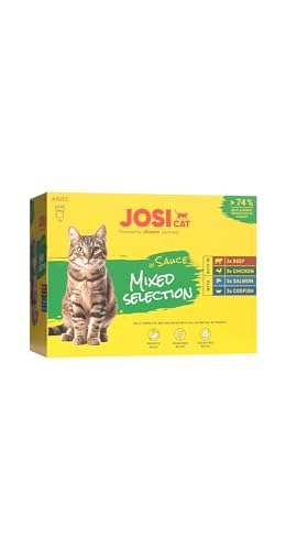 JosiCat Multipack Mixed Selection in saus (12 x 85 g) | volwassenen | premium natvoer in saus voor volwassen katten | multipack met 4 soorten | zonder conserveringsmiddel | 12-pack