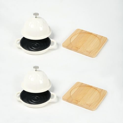 Image of HAWOK Enameled Cast Iron Garlic Roaster with Bamboo Tray, Dia.3.94 inch, BBQ Grill Garlic Baker, Mini Cocotte, Set of 2, Oyster White