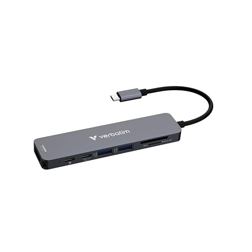 Image of Verbatim USB-C Essentials Multiport Hub - 7 Ports: (2) USB-A 3.0 /3.2 Gen 1, (2) USB-C 3.0 /3.2 Gen 1, SD and Micro SD Card Slots with 4K HDMI and Up to 100W Power Delivery | 7-port USB-C hub with 100W power delivery and HDMI for data transfer, multi-display support and multitasking