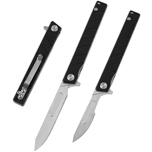 G016 Mini Slim Folding Scalpel with 5pcs #24 and 5pcs #60 G10 Handle with Liner Lock, Utility EDC Pocket Knife with Back Clip（Black）