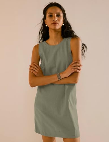 Image of VIUTIL Womens Summer Linen Mini Dress Boat Neck Low Back Sleeveless Tank Dresses with Pockets 2026 Vacation Outfits