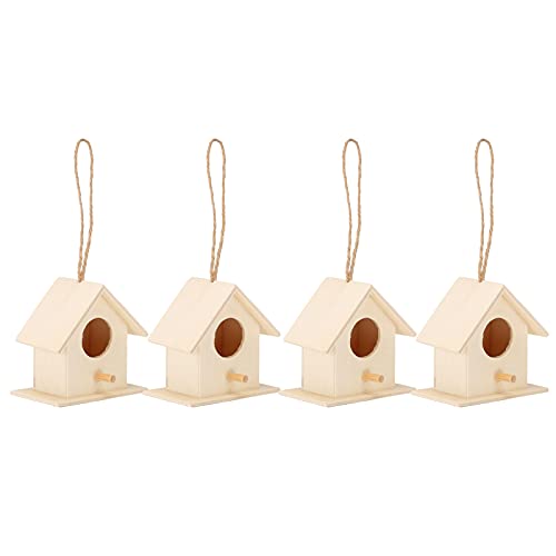 Wood Bird Houses for Outside, 4PCS Wooden Bird House for Finch Bluebird Hanging Birdhouse Garden Country Cottages, Bird Nests Breeding Box Cage for Garden DIY Decor