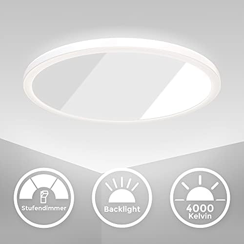 B.K.Licht LED Ceiling Light, 3 Levels Dimming, Built-in 22W LED Board, 4000K Neutral White, 3000Lm, Ø16.5in, Ultra-Flat, Memory Function, Indirect Ceiling Backlight, Modern Round Ceiling Panel, IP20