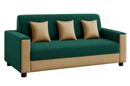Image of 3 Seater Wooden Sofa | Velvet Fabric Couch with Cushions | Comfortable Living Room Sofa | Sturdy Wooden Frame | Home & Office Furniture | Green & Beige