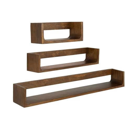 Image of Ellementry Still Life Wall Shelf Set of 3 Mango Wood Walnut Finish | Decorative Floating Shelves, For Living Room & Bedroom