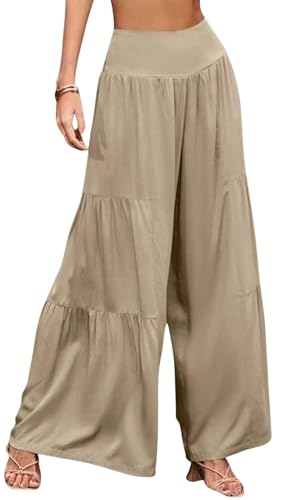 Cotton Linen Wide Leg Palazzo Pants for Women Boho Loose Elastic High Waist Ruffle Tiered Smocked Flowy Trousers2