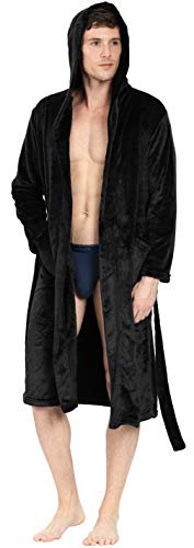 YIMANIE Mens Flannel Robe Long Hooded Plush Shawl Kimono Bathrobe Sleepwear