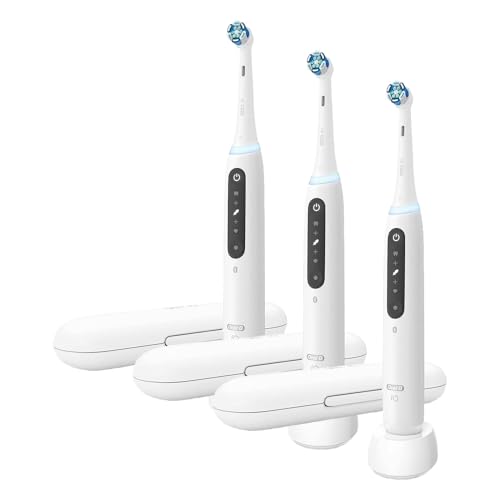 Image of Oral-B Rechargeable Electric Toothbrush, iO5 Limited Deep Clean & Whiten, 5 Cleaning Modes, Visual Pressure Sensor to Protect Gums, Travel Case, 3 Brush Heads, White (Pack of 3)
