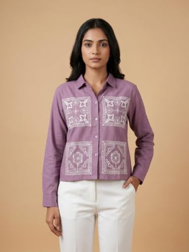 Image of Stylish Women's Embroidered Shirts | Geometric Pattern Half Sleeve Collared Button-Up Casual Shirt for Women
