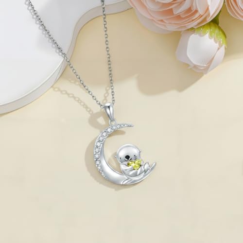 Image of PROESS Animal Birthstone Necklace 925 Sterling Silver Otter /Axolotl /Hippo /Elephant /Dachshund /Monkey /Red Panda Pendant Necklace Animal Birthstone Jewelry Gifts for Women