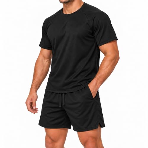 Conjunto Dry Fit Masculino Camiseta Raglan Furadinha e Short Curto com Bolsos para Academia, Corrida e Treino (Preto, G)