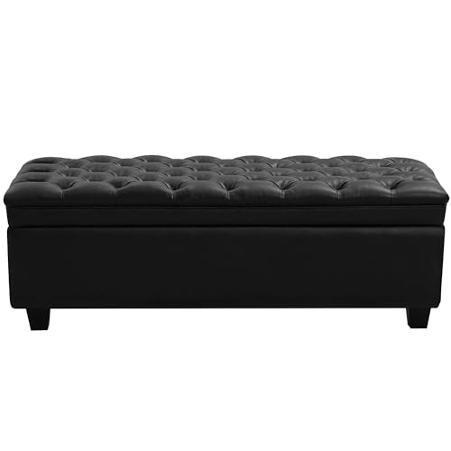 Image of WUTUTUEE 50 inch Faux Leather Storage Ottoman Bench, End of Bed Upholstered Rectangle Storage Ottoman Tufted Living Room Bedroom Bench with Safety Hinge, Solid Wood Legs, Loads 500 lb(Black)
