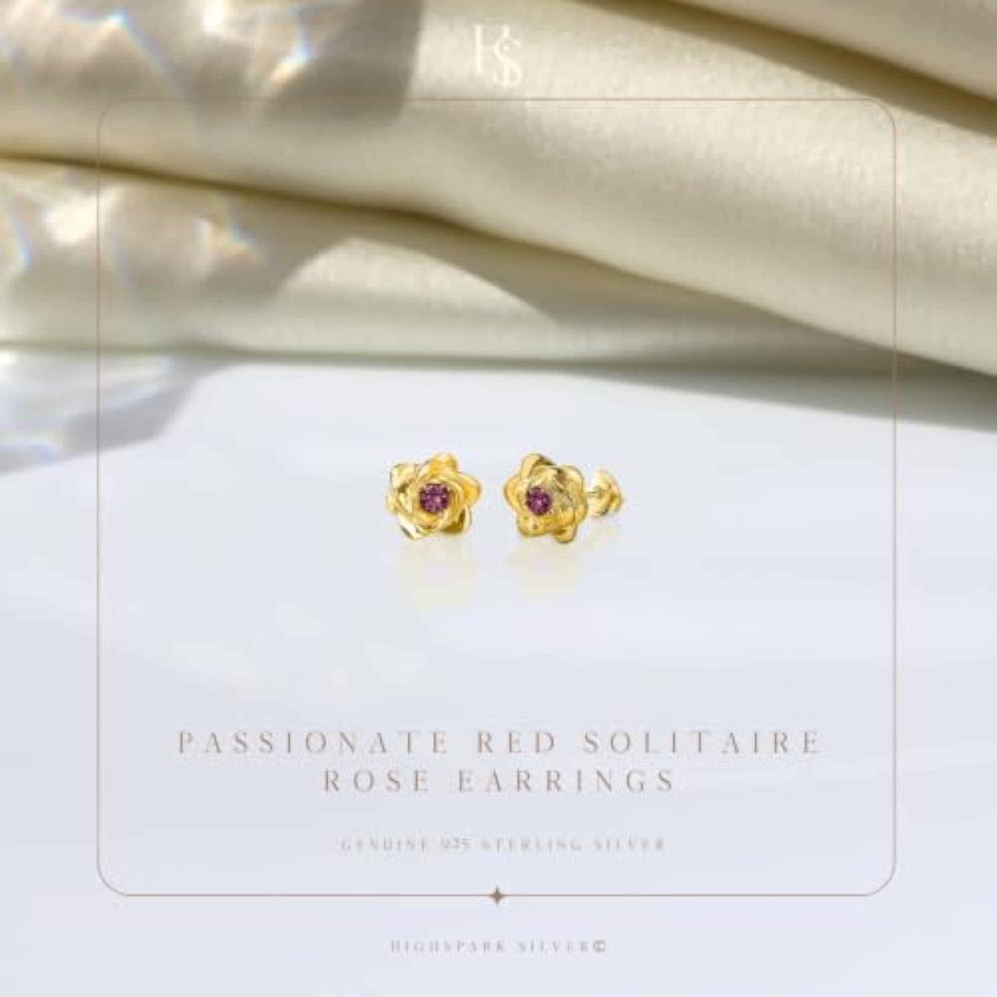 Women's 925 Silver Red Rose Bloom Earrings in Gold Finish