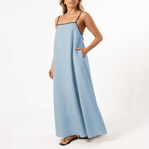 Image of Senllen Women's Linen Dress Summer Loose Flowy Sundress Contrast Spaghetti Strap Sleeveless Backless Beach Maxi Long Dresses