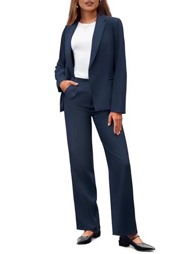 Casly Lamiit Business Casual Outfits for Women 2 Piece Pantsuits Notched Collar Blazer Wide Leg Pants Work Office Dressy Suit Set Navy Blue 2XL