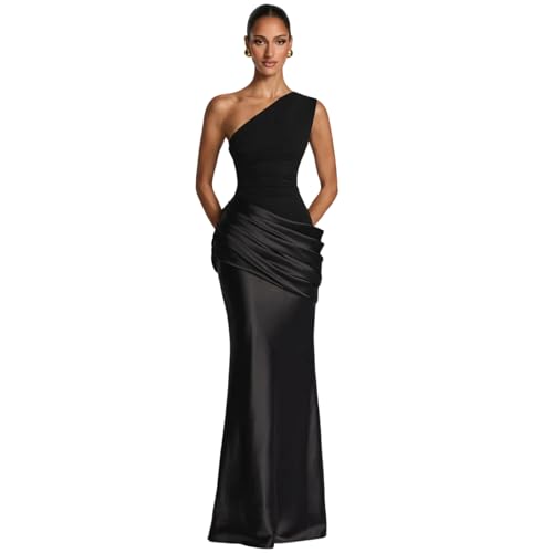 Yulestria Womens Bodycon Ruched Satin Cocktail Dress Mermaid Prom Party Beach Wedding Guest Long Gown Black by Yulestria - Used condition - US$35.64