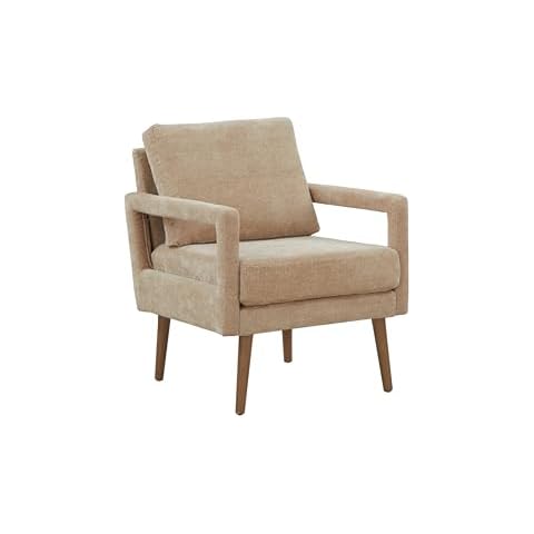 INMOZATA Mid-Century Accent Chair Chenille Armchair for Living Room Chairs Comfy Upholstered Reading Accent Chairs for Bedroom, Single Sofa Chair with Wood Legs and Pillow, Beige Cover