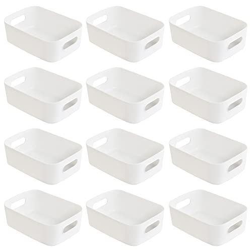 Hwtcjx 12 Piezas Cestas de Almacenaje, Cajas Organizadoras de Plástico con Asas, Cestas Almacenaje, Cesta de Ordenación, Multiuso Cesta de Almacenamiento para Hogar,Cocina,Baño, 15.5x11x5.5cm (Blanco) Cover