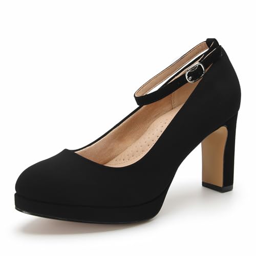 Fashions Black Heels,Vintage Women's Pumps with Adjustable Buckle,Comfortable Block Heels for Women,3.2 Inch, Womens Dress Shoes for Party, Wedding, Work
