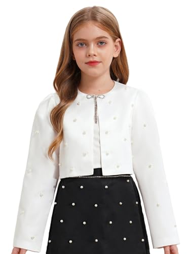 Kids Elegant Pearl Satin Flower Girl Bolero Jacket Open Front Cardigan Wedding Evening Dress Shrug Short Jacket3