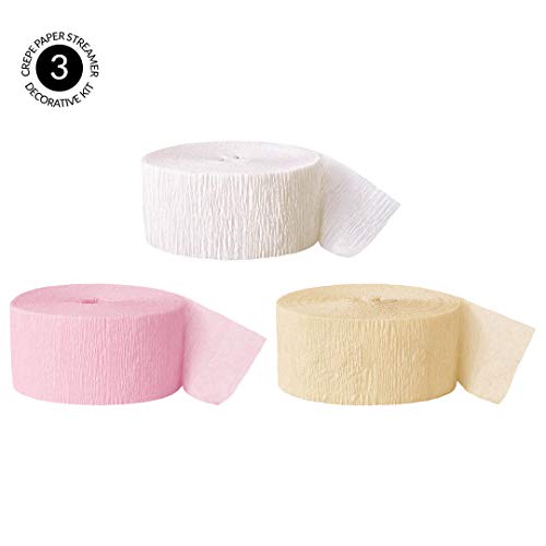 Andaz Press Crepe Paper Streamer Hanging Party Decorations Kit, 240-Feet, White, Pink, Ivory, 1-Pack, 3-Rolls, Blush Champagne Colored Wedding Baby Bridal Shower Birthday Supplies #TOP1