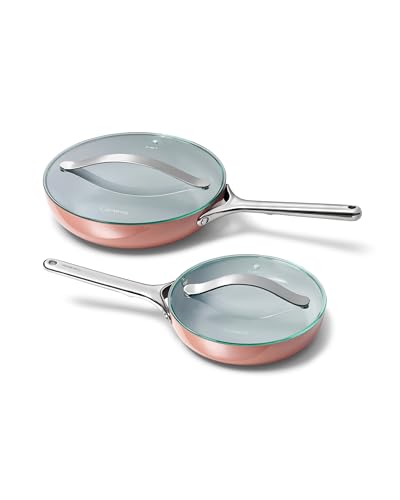 Image of Caraway Ceramic Fry Pan Duo with Glass Lids - Non-Stick Frying Pans (10.5 inch & 8 inch) - Non Toxic, PTFE & PFOA Free - Oven Safe & Compatible with All Stovetops - Perracotta