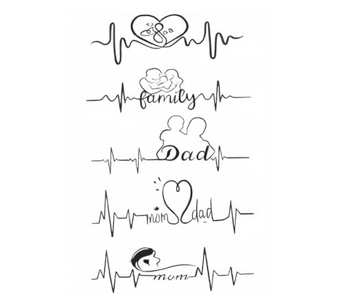 Family Heartbeat Temporary Tattoo Set, Semi-Permanent Black, Mom Dad Family Design, 11x18 cm Size, Body Art Transfer Stickers