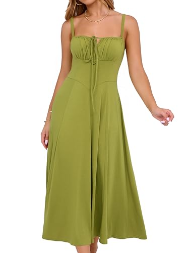 Image of YATHON Women's Summer Midi Corset Boho Dresses Spring Casual Floral Spaghetti Straps Lace Up Dress Flowy Aline Beach Sundress