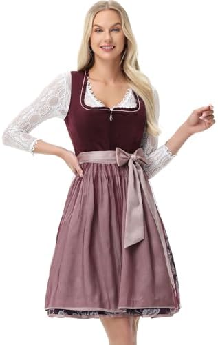 TrendiMax Damen Midi Dirndl - Elegantes Trachtenkleid Samt Dirndlkleid für Oktoberfest mit Dirndlschürze 34-46