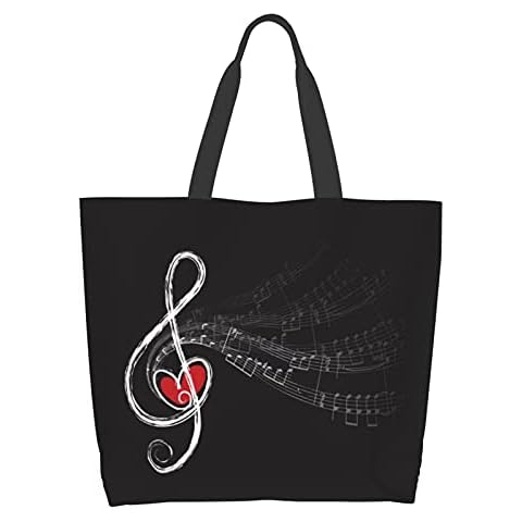 Famame Vintage Canvas Tote Bag Large Women Casual Shoulder Bag Handbag Reusable Shopping Grocery Bag, Love and Music Notes, One Size Cover