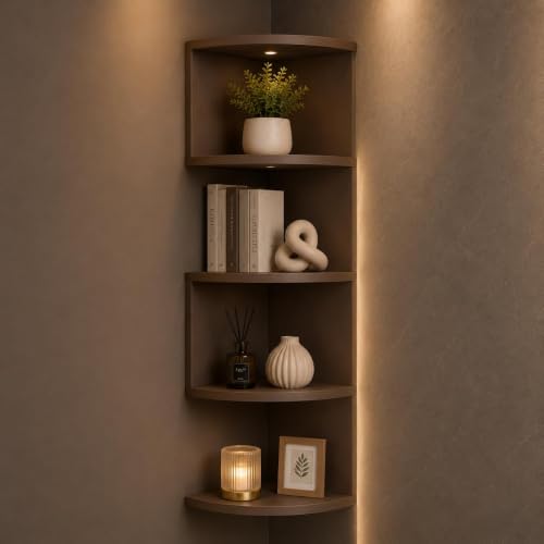 Image of Elcom Corner Wall Mounted Shelf for Living Room | Modern Wooden Corner Rack for Bedroom, Office & Home Decor | Space Saving Floating Display Shelf for Books, Plants, Photos & Decorative Items (Brown)