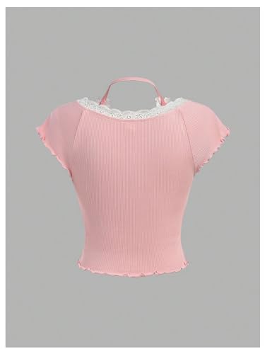 WDIRARA Girls Lace Trim Bow Front Crop Tops Halter Round Neck Short Sleeve Ruched Tee Shirts2