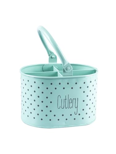 Image of MARKET 99 Green Polka Dot Cutlery Holder | Oval Metal Knife & Fork Holder with Glossy Finish | Multipurpose Kitchen & Dining Table Organizer for Utensils, Spoons, Chopsticks