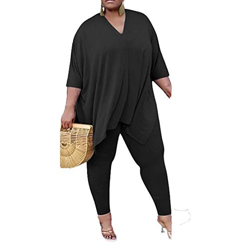 Plus Size Two Piece Outfits for Women - Ombre Loose Half Sleeve Slit Shirt Tops Bodycon Pants Set Clubwear Tracksuit Black 2XL