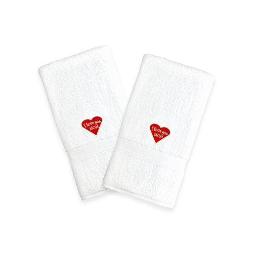 Linum Home Textiles TR00-2HT-REDHRT I Love You Mom Embroidered White Hand Towels, Set of 2, Red Heart