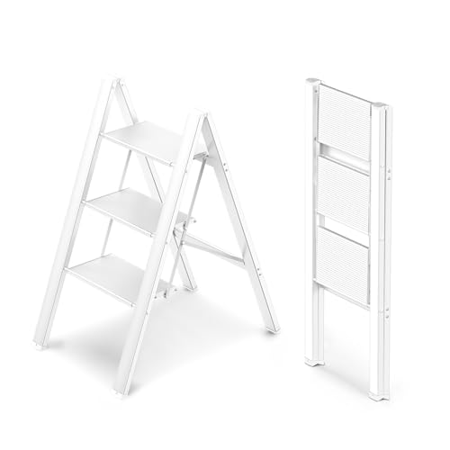 WOA WOA 3 Step Ladder, Foldable Step Stool, 300lbs Load, White