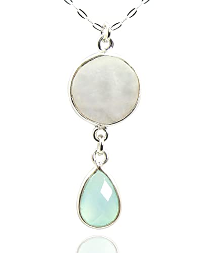 Sea Green Chalcedony and White Rainbow Moonstone Gemstone Necklace, June Birthstone Sterling Silver 18 Inch