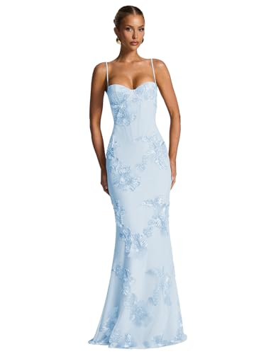 TXDBB Tulle Floral Mermaid Light Blue Prom Dresses for Teens Embroidery Lace Long Formal Bridesmaid Dress Size 2