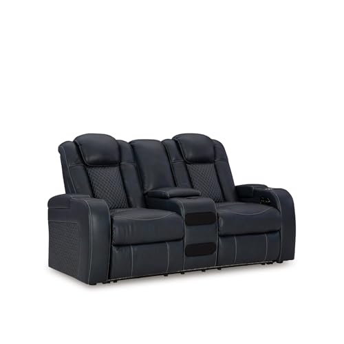 Signature Design by Ashley Fyne-Dyme Contemporary Power Reclining Loveseat with Console, USB Charging Ports and Adjustable Headrest, Blue