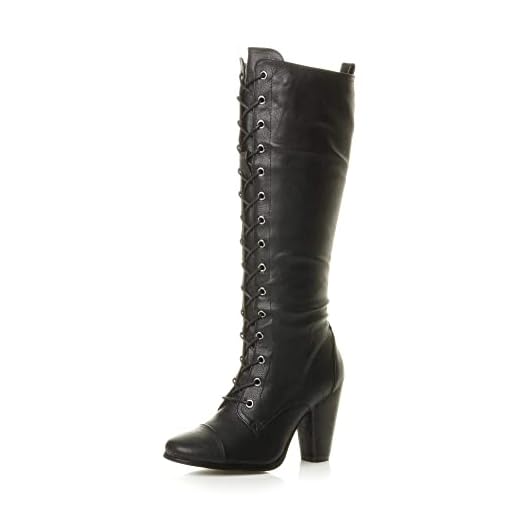 Femmes haute talon carré lacets genou mollet motard bottes militaires taille UK 6 / EU 39 - noir