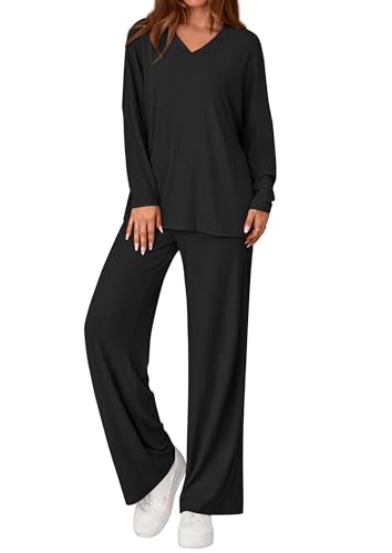 PRETTYGARDEN 2 Piece Lounge Sets for Women Fall Outfits 2025 Casual Loose Long Sleeve Tops Wide Leg Pants Matching Pajama Set