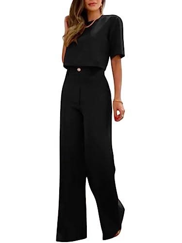 nicticsi Ensemble Femme Chic Et Elegant Ete Haut Court + Pantalon Coupe Droite Vetement Costume Tailleur 2 Pièces Fête Affaire Bureau Travail Soirée Tenue Décontractée Set Outfit Noir M