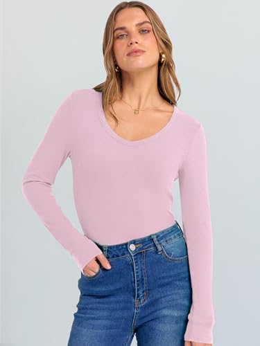 Image of ANRABESS Long Sleeve V Neck Shirts for Women | Soft Comfy Ribbed Knit Fitted Tshirts, Casual Going Out Tops, 2026 Trendy Basic, Fall Winter Underscrub Layering Clothes